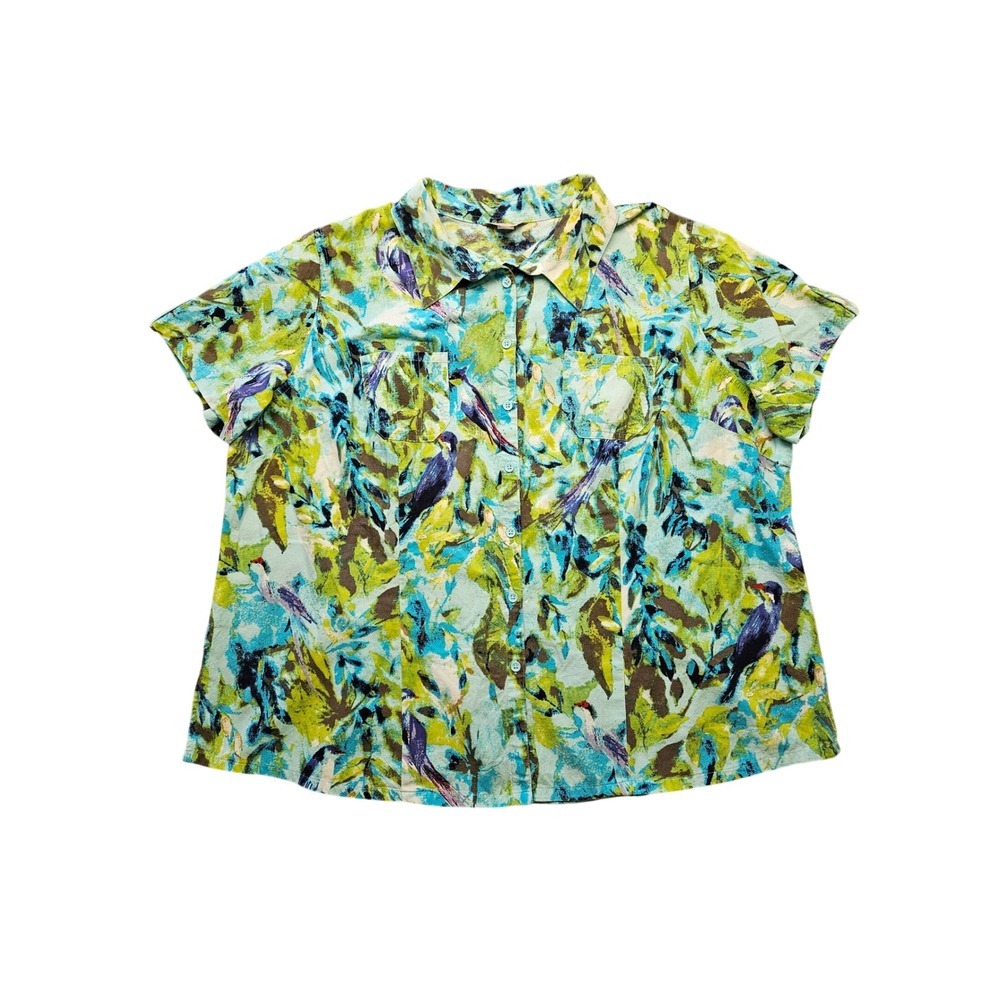White Stag Womens 3X Tropical Bird Print Cotton Button Front Blouse Teal Green